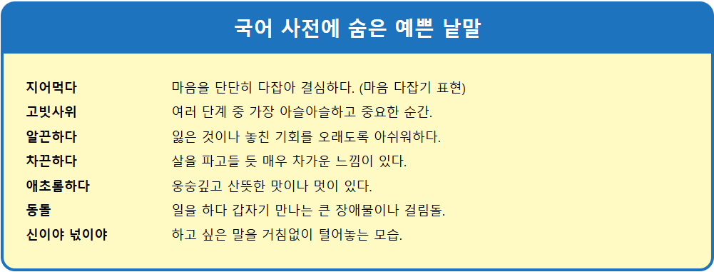 우리말 뜻과 예문(지어먹다/간힘/고빗사위/애초롬하다) 1